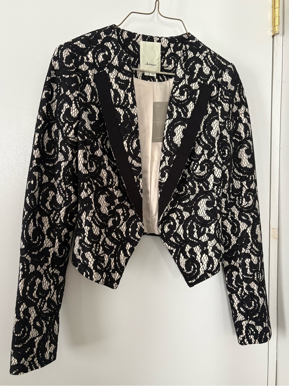 Anthropologie Elevenses Black Lace-Overlay Cropped Blazer with Cream Underlay